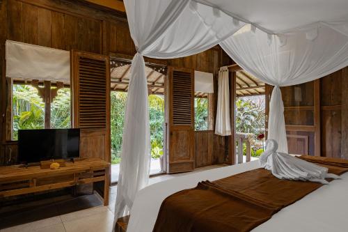 乌布Moringa Ubud Villa的一间卧室配有一张带天蓬的床和一台电视