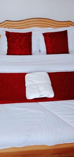 纳库鲁GOLDEN PALM 3的一张带红色和白色枕头的床