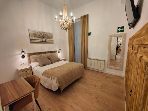 桑坦德Apartamentos Santander 1的一间卧室配有一张床、一张桌子和一个吊灯。