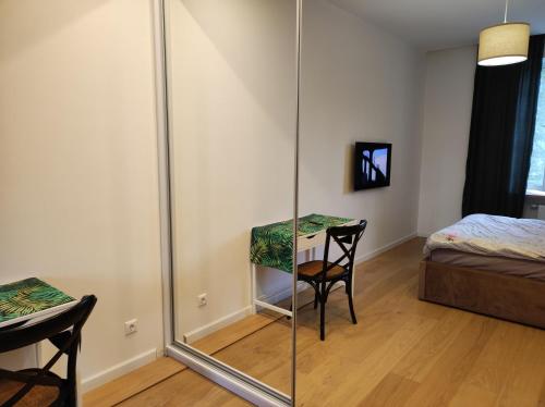 基辅Lux apartment, near metro Vasylkivska的一间设有镜子、一张桌子和一张床的客房
