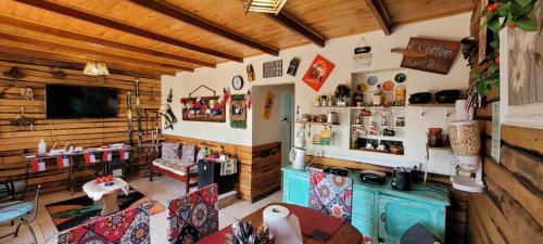 圣地亚哥太阳和月亮旅舍的一间设有木墙理发店的房间