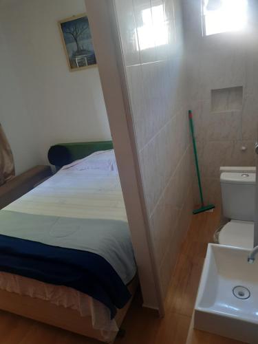 圣若泽杜斯坎普斯Hostel Sancris的一间带床和水槽的小卧室
