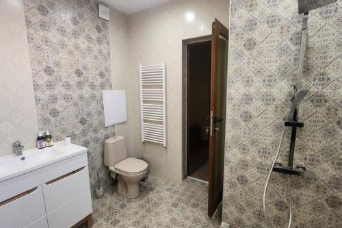 PernikBudget overnight- Struma highway的浴室配有卫生间、淋浴和盥洗盆。