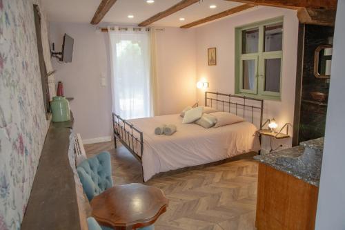RichtolsheimChambre indépendante n1 - Bretzel et Bergamote的一间卧室配有一张床、一张桌子和一个窗户。