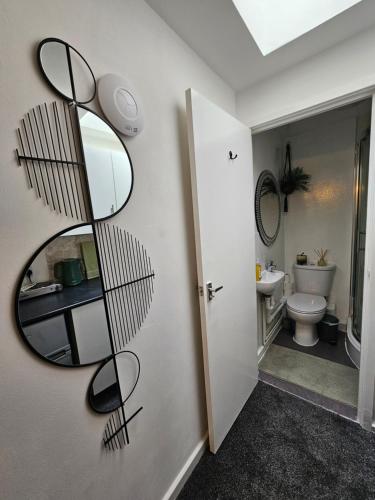 斯蒂夫尼奇Luxury Studio Stevenage的浴室位于厕所旁,配有镜子