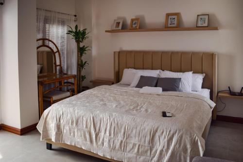 巴拿马城Best location - Spacious and Fancy Apt的一间卧室配有一张大床和一把椅子