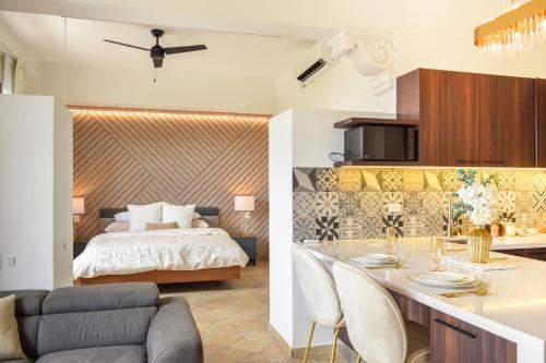 巴拿马城Modern luxury Studio with Rooftop + parking的一间卧室、一间带床的客厅和一间厨房