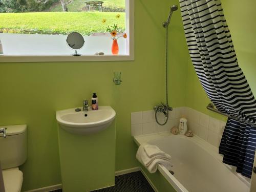 旺阿雷City Retreat的绿色浴室设有水槽和浴缸