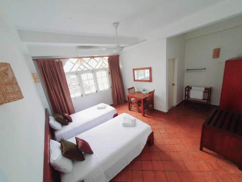 拉维尼亚山山湾宾馆 的酒店客房设有两张床和一张桌子。