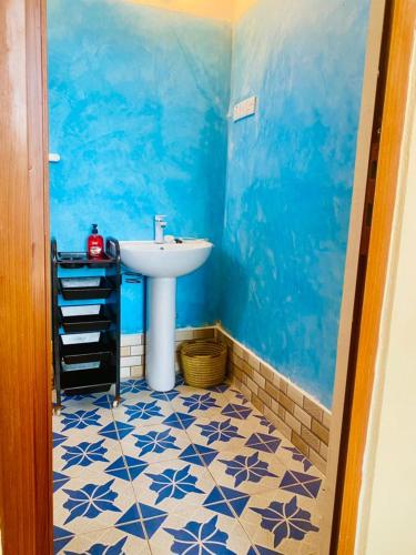 江比阿Nakupenda House的一间带水槽和蓝色墙壁的浴室