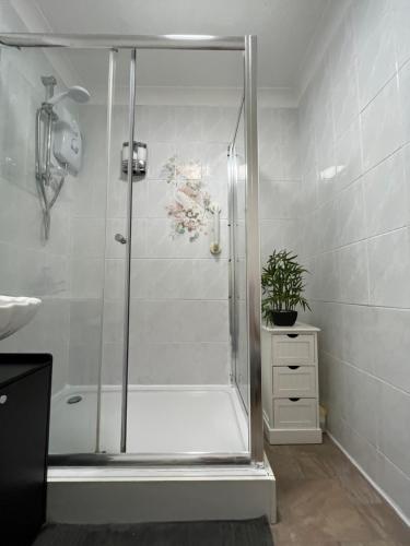 斯肯索普Park Cottage的浴室里设有玻璃门淋浴
