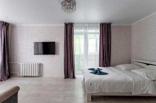彼得罗巴甫洛夫斯克Альпина的卧室配有一张床,墙上配有电视。