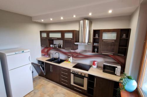 克拉科夫Rodzinny apartament dla sześciu osób的厨房配有棕色橱柜和白色冰箱
