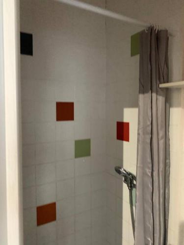 巴黎Studio chaleureux Paris 20e的浴室设有淋浴,墙上有色彩缤纷的方形