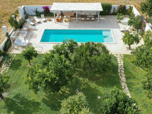 科拉托Masseria Villa Gioia的享有后院的上方景色,设有游泳池
