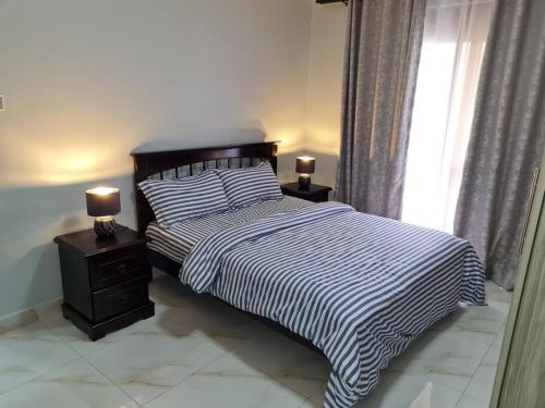 坎帕拉Cozy Apartment in Kololo的一间卧室配有一张床和两个带灯的床头柜