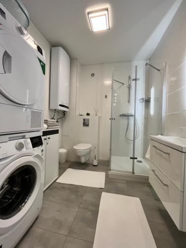 波利亚纳Апартаменти в Arena Apart的白色的浴室设有洗衣机和淋浴。