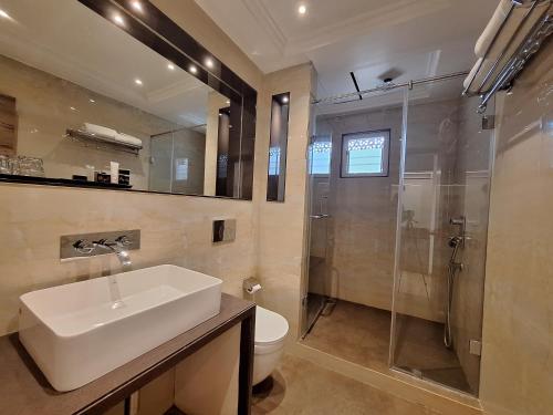 SānchiThe Utopia Resort Sanchi的一间带水槽、淋浴和卫生间的浴室