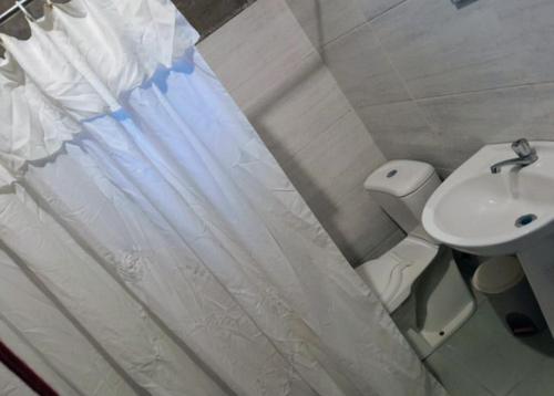 San LuisAmor amor的浴室配有淋浴帘和盥洗盆。