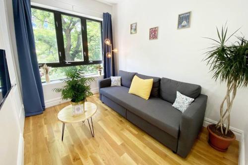 布鲁克林Cozy Bedroom - Shared Kitchen & Living room - Brooklyn Townhouse - 25min Manhattan的带沙发和两株盆栽植物的客厅