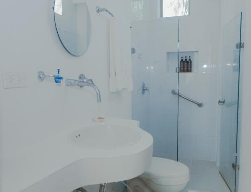 圣安德烈斯Hotel San Luis Beach House的带淋浴、卫生间和盥洗盆的浴室