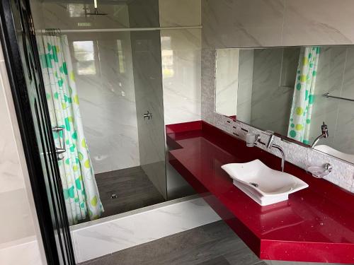 基多Casa de Campo Guayllabamba的带淋浴、盥洗盆和镜子的浴室