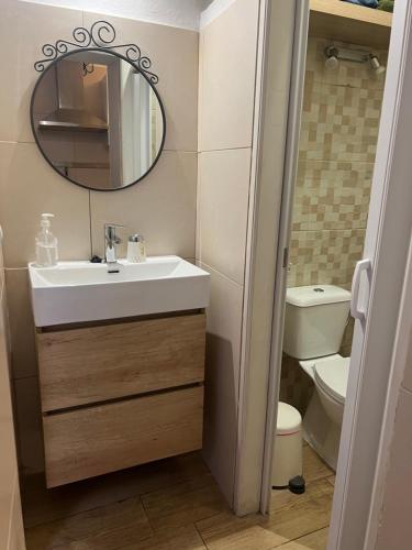 厄尔梅达诺Casa Claudia的一间带水槽、镜子和卫生间的浴室