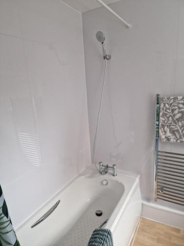 吉尔福德Millmead Apartment in central Guildford with parking的带淋浴的浴室配有白色浴缸。