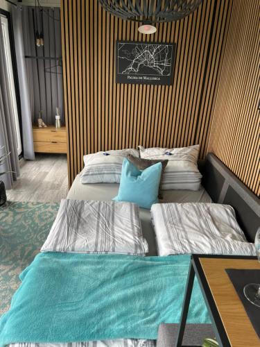 帕绍Tinyhouse mit Alpen- Stadt- und Poolblick , WLAN的配有带条纹墙的客房内的两张床