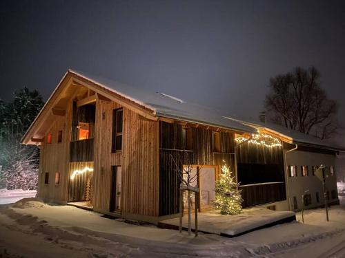 马夸特施泰因Traumhafte Ferienwohnung in historischem Brandmanngut的雪中有一棵圣诞树的房子