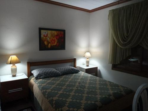 格拉玛多CASA DA FAMÍLIA DE GRAMADO的一间卧室配有一张带2个床头柜和2盏灯的床。