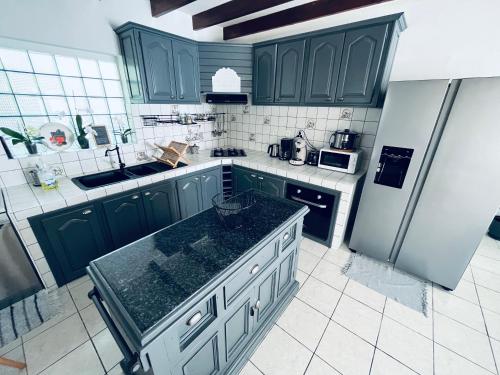 珀蒂蒂勒Villa Longani Passion pour des vacances bucoliques en famille的厨房配有绿色橱柜和冰箱。