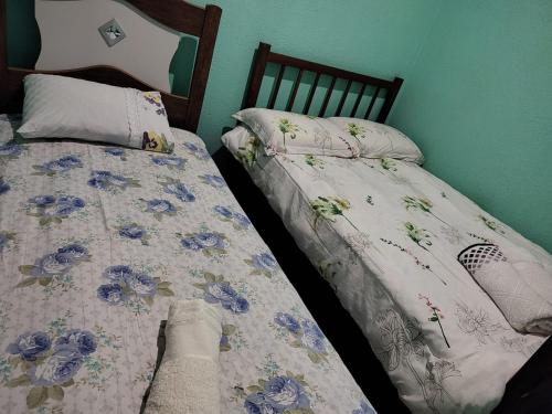 布卢梅瑙Casa inxalmel的一间卧室设有两张单人床,配以蓝色的鲜花