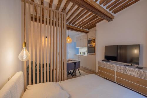 普罗旺斯艾克斯Appartement de charme的一间卧室配有一张床、一台电视和一张桌子