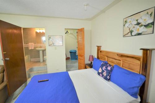 安东尼奥港Cozy Locale Pearl的一间带蓝色和白色床的卧室以及一间浴室。