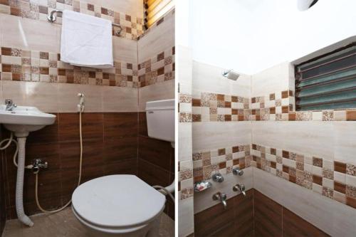 布巴内什瓦尔Goroomgo Madison Patia Bhubaneswar的浴室的两张照片,配有卫生间和水槽