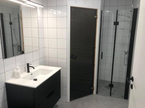 奥普达尔Leilighet i Oppdal - 4 soverom, 2 stuer og 2 bad的浴室配有盥洗盆和带镜子的淋浴