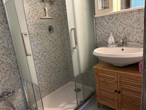 瓦拉洛蓬比亚Tiny House - Lake Maggiore -Malpensa Airport -的带淋浴和盥洗盆的浴室