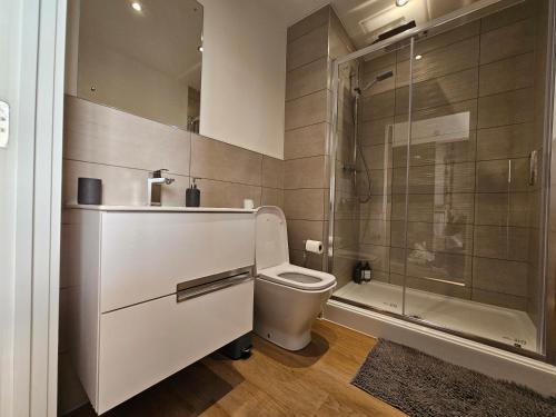 曼彻斯特Brand New Trafford Apartment的一间带卫生间和淋浴的浴室