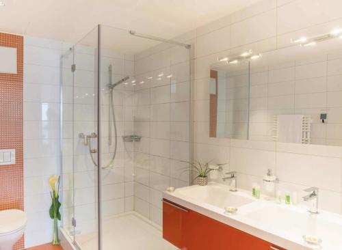 蒙特勒Montreux Lake View Apartments and Spa - Swiss Hotel Apartments的带淋浴和盥洗盆的浴室