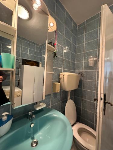 普里耶多尔Apartman MiAnaMo的一间带水槽、卫生间和镜子的浴室