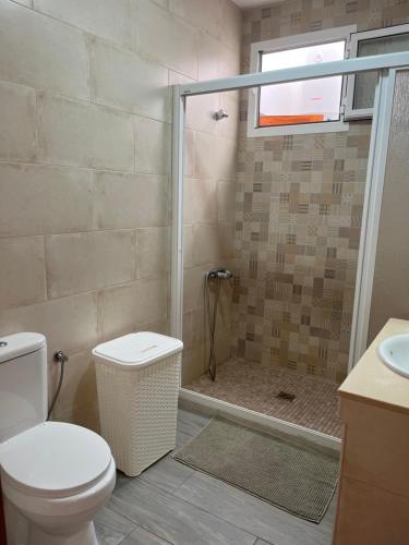 罗萨里奥港CASA LOS ABUELOS的带淋浴、卫生间和盥洗盆的浴室