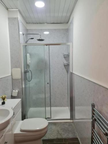 爱丁堡Haymarket Station Rooms的带淋浴、卫生间和盥洗盆的浴室