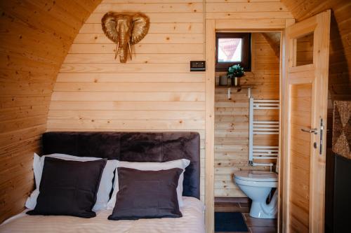 布朗Glamp In Style Pods Resort的一间卧室配有一张床,一间卫生间位于客房内