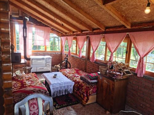 谢尼察BRVNARE.SMAKA的客房设有两张床、一张桌子和窗户。
