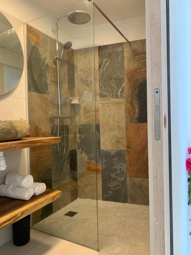 德赛Gite Ti Bali的浴室里设有玻璃门淋浴