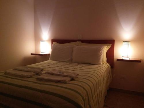 南蒙蒂阿莱格里Recanto dos Beija Flores, Chalé lantana e的一间卧室配有一张带两盏灯的床。