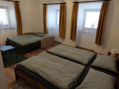 里托斯基挪威克Apartmán u Rádich的一间卧室设有两张床和两个窗户。