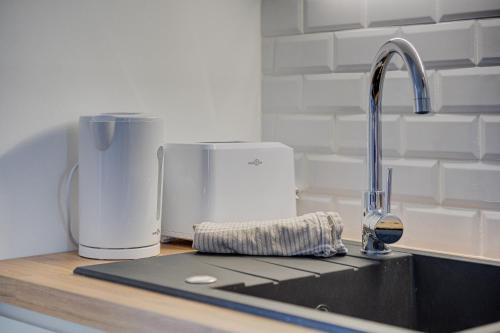圣纳泽尔L'Espadon - Appart'Escale的带水槽和咖啡壶的厨房台面