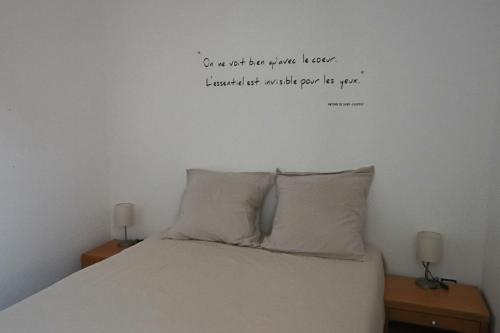 塔桑拉德米吕讷Appartement Les Trois Renards-Tassin的卧室配有一张墙上引用的床